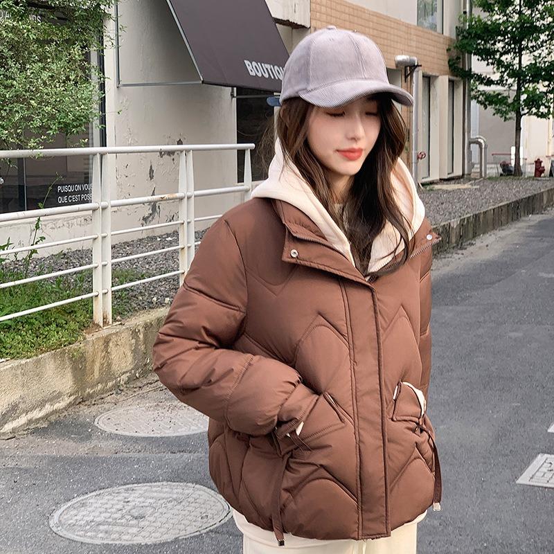 Winter short fake two-piece schoolgirl padded jacket loose small padded jacket hooded thickened padded jacket