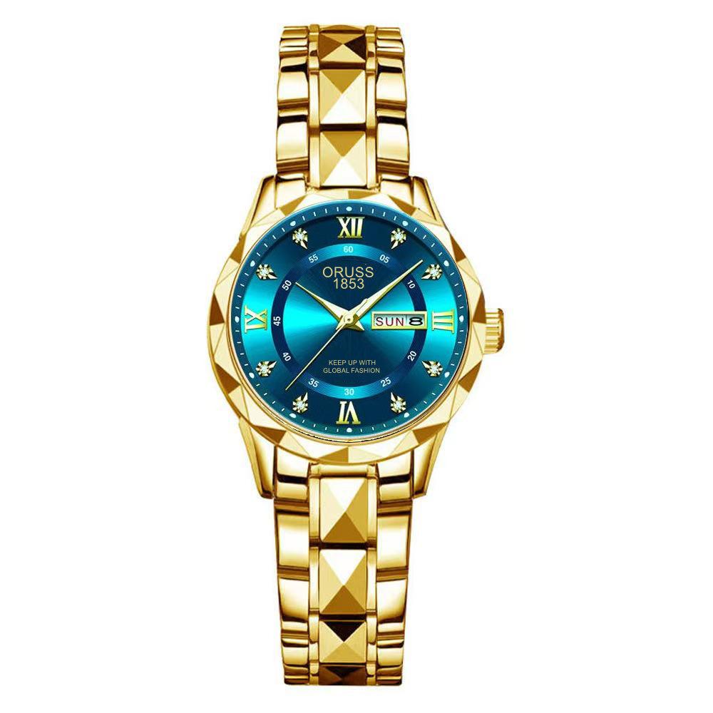 Women'S Fashion Rhombus Double Calendar Luminous Waterproof Quartz Watch Solid Belt