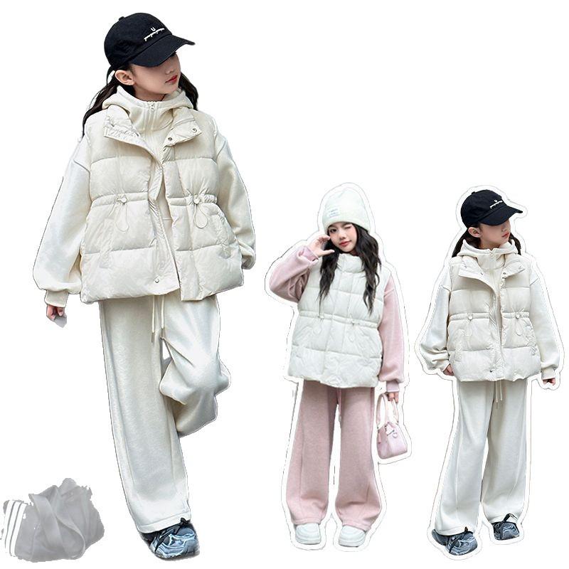 Girls' Fleece-Lined Sweatshirt Three-Piece Set - 2024 Autumn/Winter Trendy Casual Sportswear