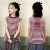 Girls' Striped Letter Print Sleeveless T-shirt - 2026 Summer Collection, Color Block, Loose Fit for Medium & Large Children