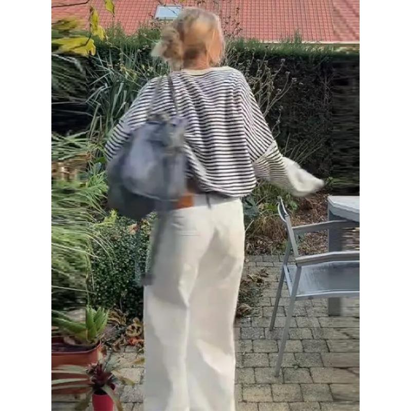 ROADVIBE Women's Contrast Waistband White Wide Leg Jeans Low Rise Baggy Denim Pants Loose Fit Trousers Lady Date Commuter Casual Clothes