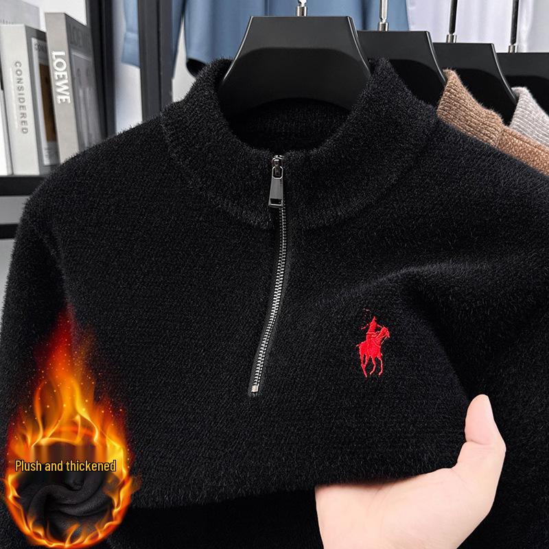 Men's Trendy Fleece Zipper Sweater - Loose, Warm, Plus Velvet, Half-High Collar Knitwear for Winter