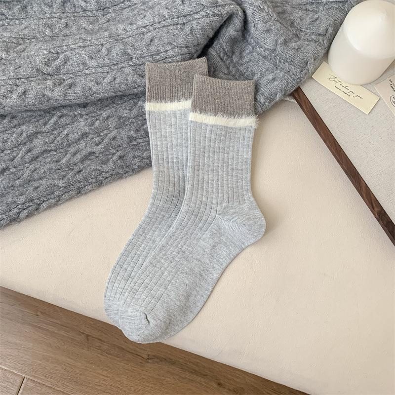 Autumn and Winter Flocked, Color-blocked Thickened Wool Socks for Women, Boneless Casual Mid-calf Socks