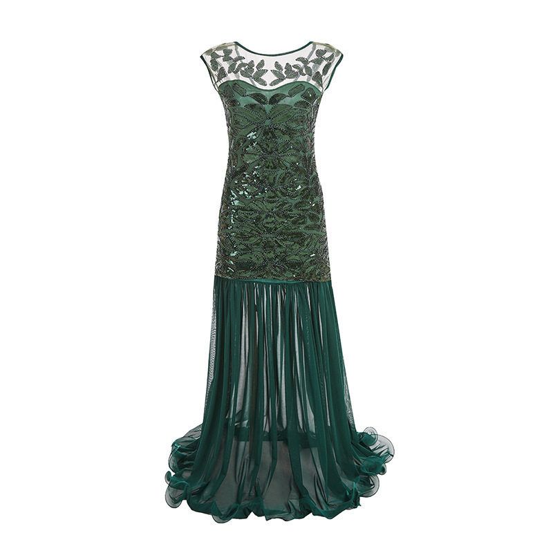 1920S Vintage Evening Gown with Sequins, Beading, Mesh, and Ruffled Hem, Floor-Length Dress