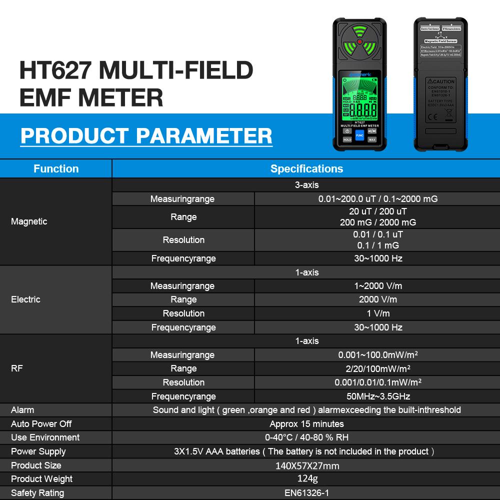 HT627 Multifunctional Electric Field Magnetic Field Radiation Detector Handheld Electromagnetic Radiation Tester EMF