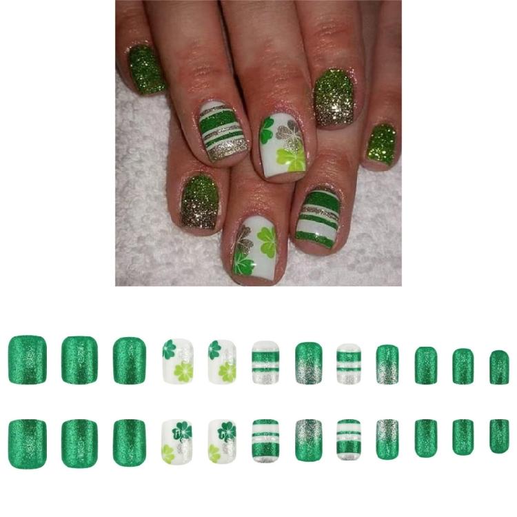 Stylish Green Shamrock Designs Press On Nail Full Cover False Nail Manicure for Patrick's Day Parties and Event