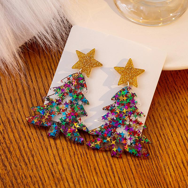 New Acrylic Christmas Tree Earrings, Niche Exaggerated Temperament High-End Colored Pentagram Earrings