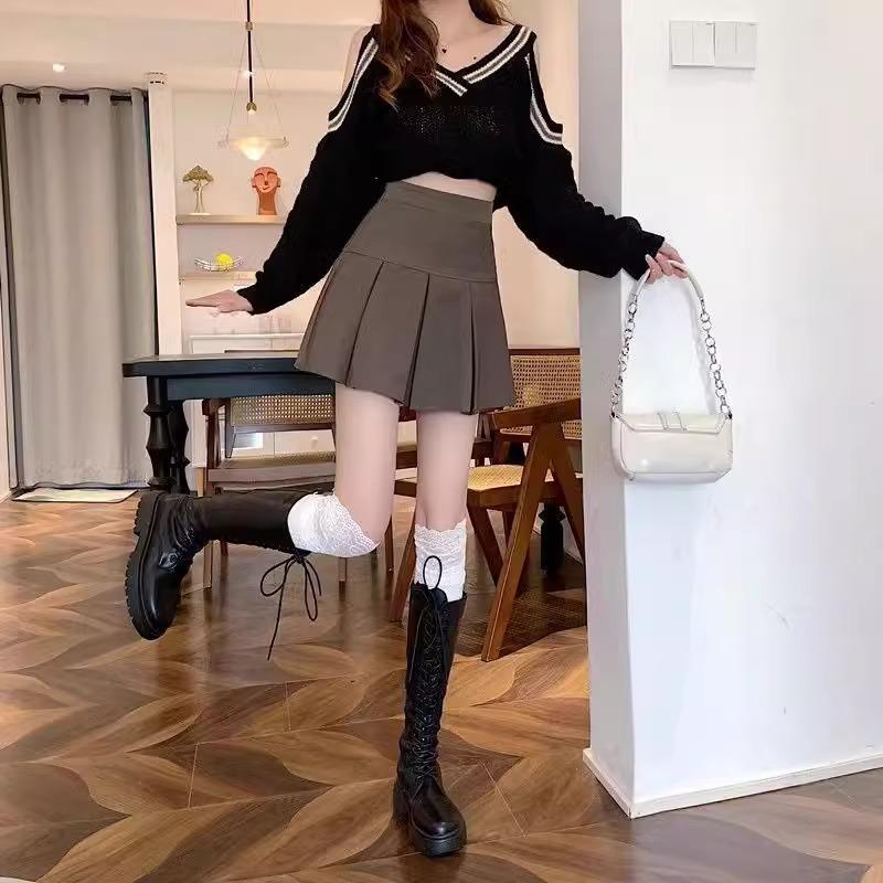 2024 Spring Women's High-Waist Black A-Line Pleated Mini Skirt