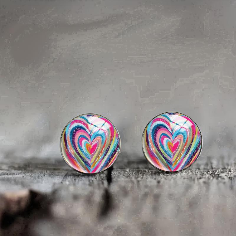 

Rainbow Gradient Layered Love Heart Round Glass Dome Gun Black Stud Earrings For Women 1pair сірий