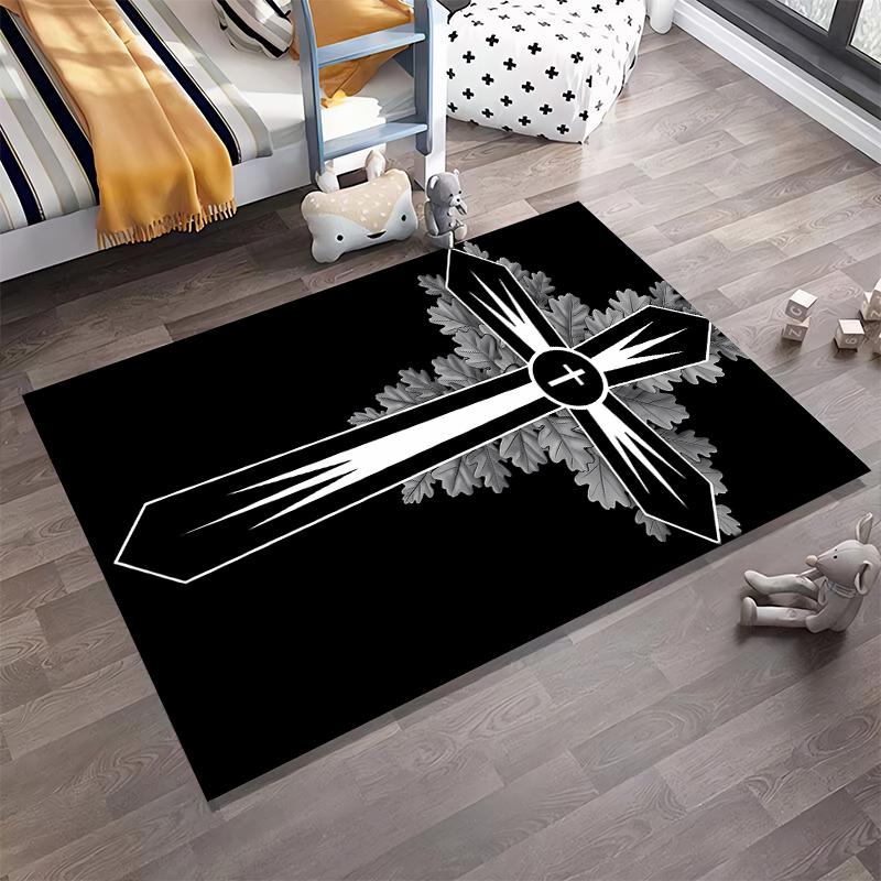 Cross and Leaf Gothic Design Rug Non-slip rug suitable for living room and bedroom sofas.