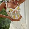 Summer Embroidered Lace Wood Ear Edge Sexy V-neck Wide Shoulder Straps Fishbone Corset