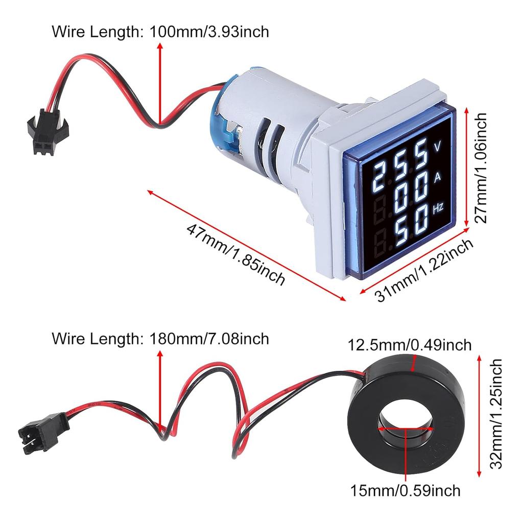 Digital AC Ammeter Voltmeter Frequency Meter Square Tube Screen Voltage With Transformer 22mm Current Tester Gauge