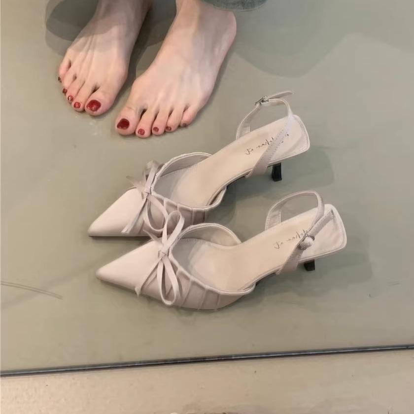 Niche Socialite High Heels Women'S Spring French Temperament Elegant Bow Pointed Thin Heel Bag Head Sandals