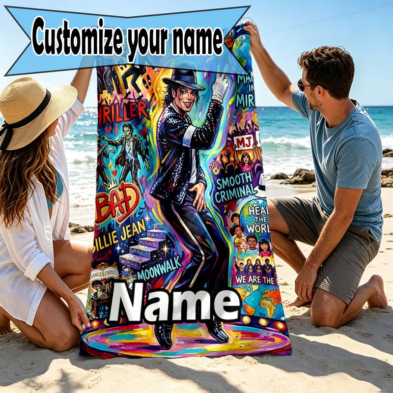 Custom Name Personalized Michael Jackson Print Beach Towel, for Trip Camping Beach Party Home Decor, Birthday Gift for Family & Friends