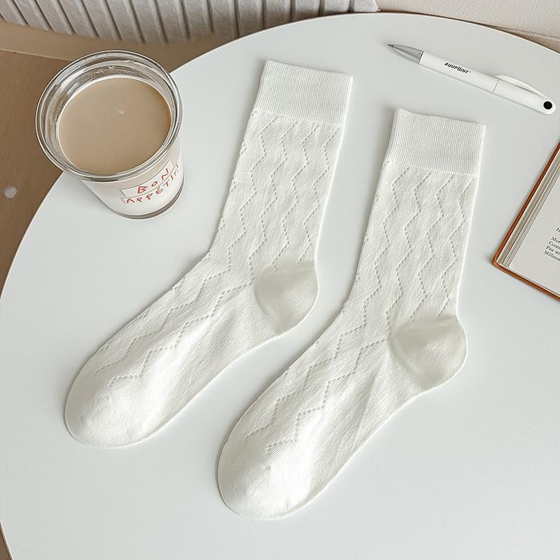 Women's Japanese Style Breathable Pure Cotton Long Socks - Milky White, Soft Pile, Versatile for Spring and Autumn.