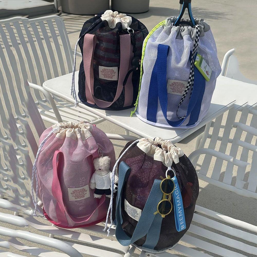 Drawstring Beach Net Bag Ins Mesh Clothing Pocket Lightweight Swimming Mesh Tote Outdoor