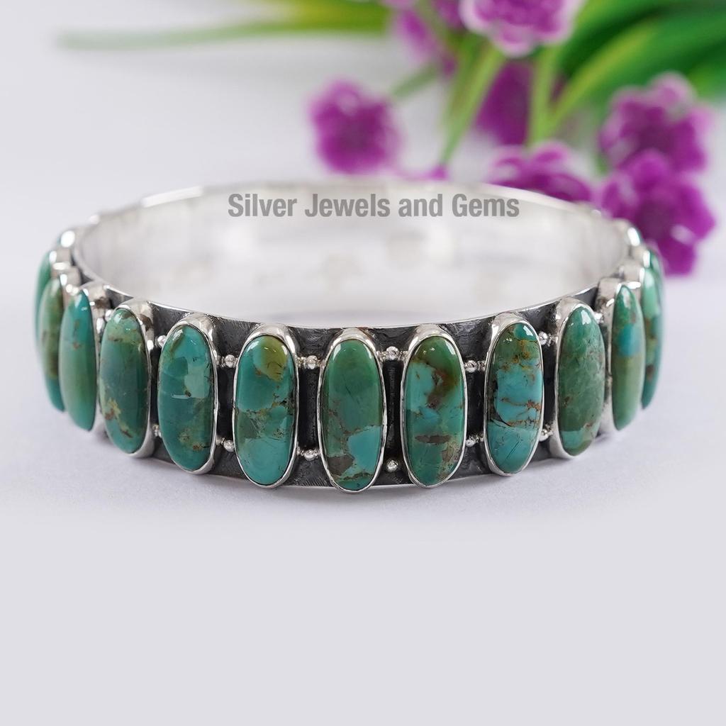 Natural Turquoise Bangle, Long Oval Gemstone Bangle, 925 Sterling Silver Multi Stone Bangle, Engagement Bangle , Kingman Turquoise Bangle