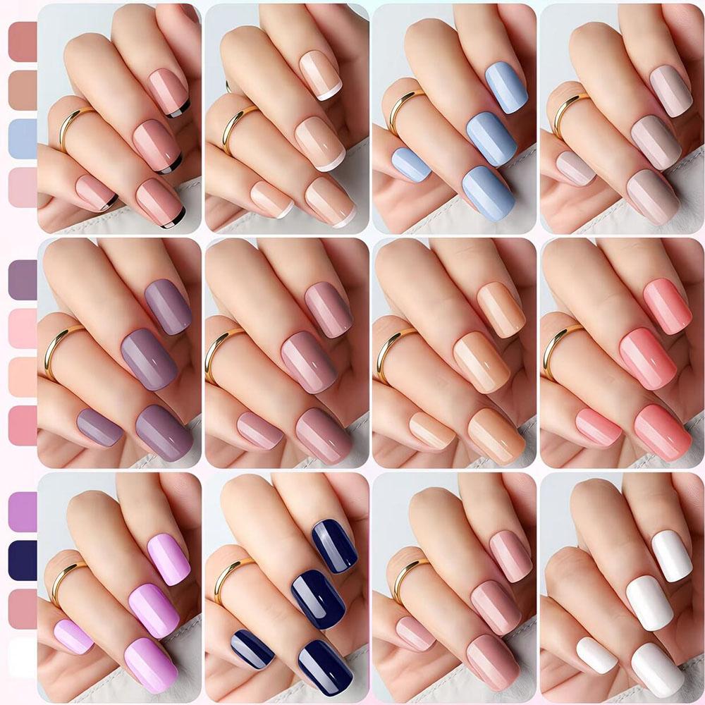 576pcs Colorful Glossy Short Square Press On Nails White Black French Tip False Nails 24colors Solid Pink Red Brown Fake Nails