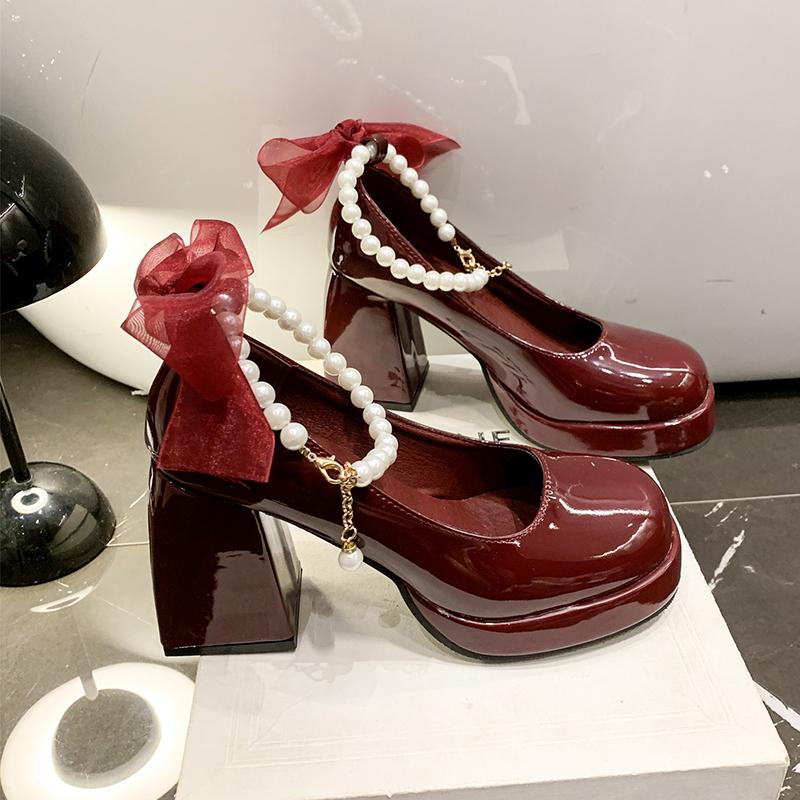 Fashion High-heeled Non-slip Women's New Fashionable and Versatile Foreign-style Pearl Mary Jane Shoes in Spring 2025