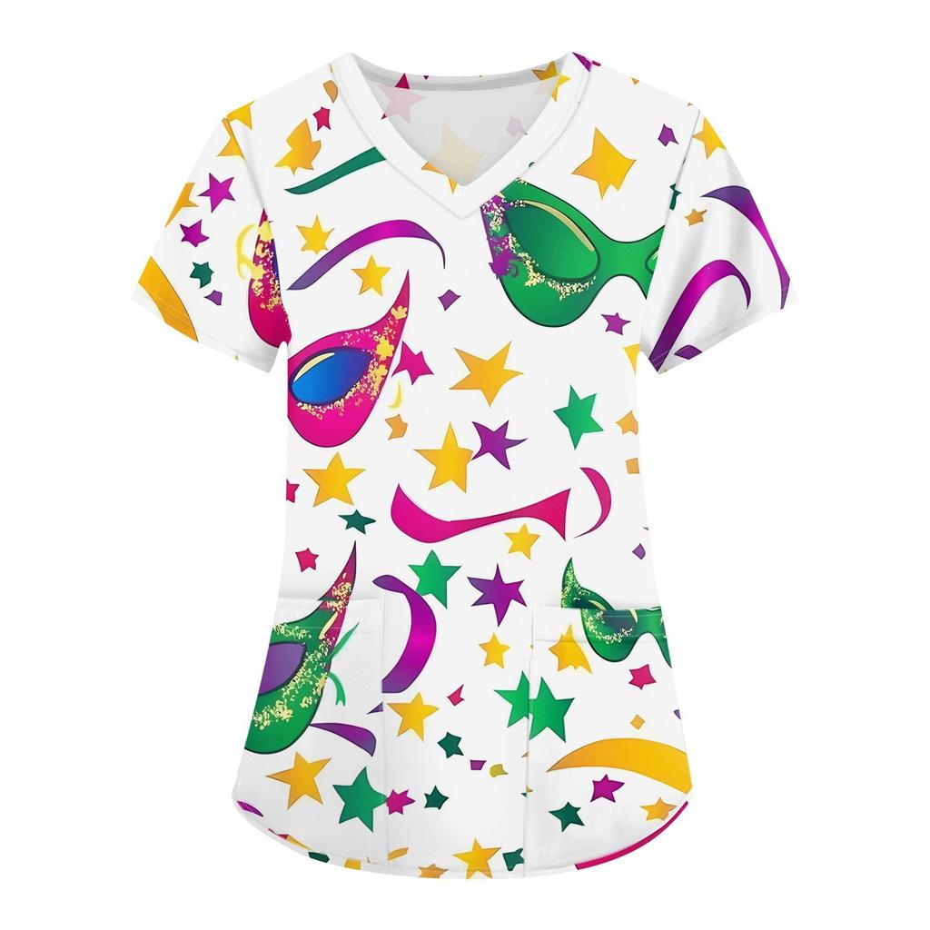 Women's Fashion V-neck Short Sleeve Workwear With Pockets Printed Tops