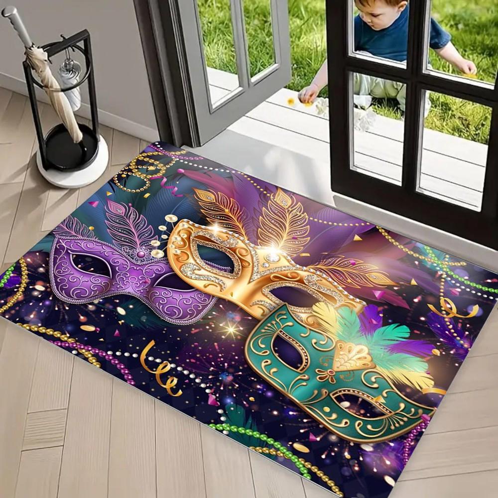 

Festival Party Rug Vibrant Mardi Gras Themed Doormat with Feather Mask Pattern Colorful Decor for Indoor Outdoor Celebration 40x60CM