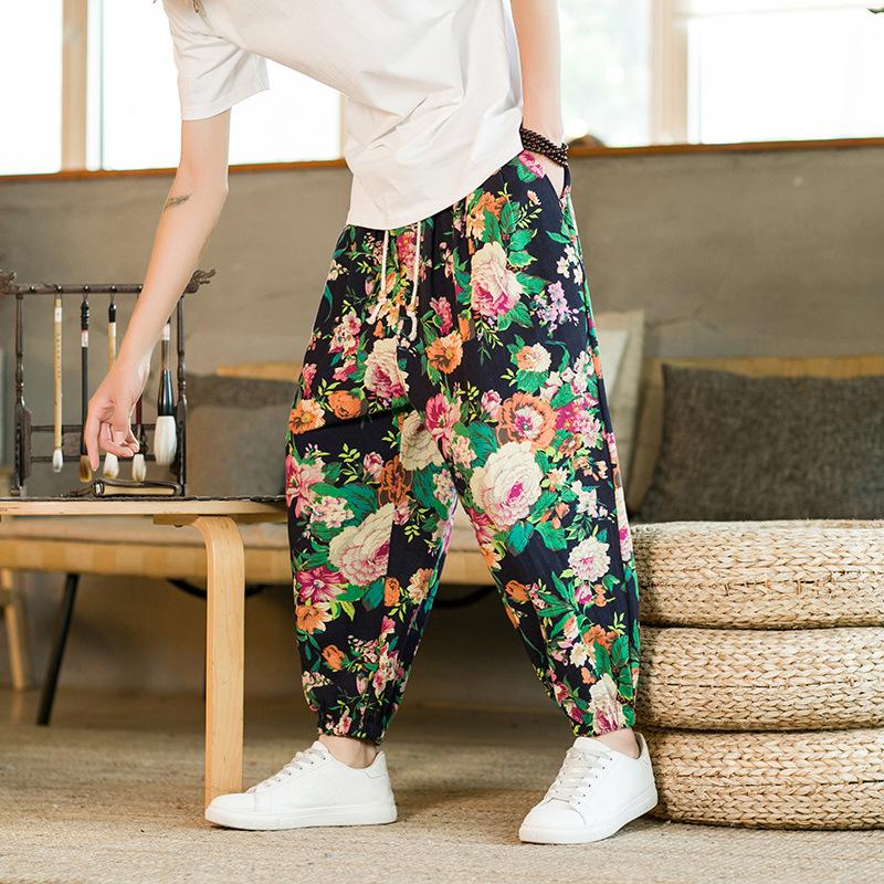 Summer new Chinese style men's casual color matching pants cotton and linen loose bloomers cross-pants P