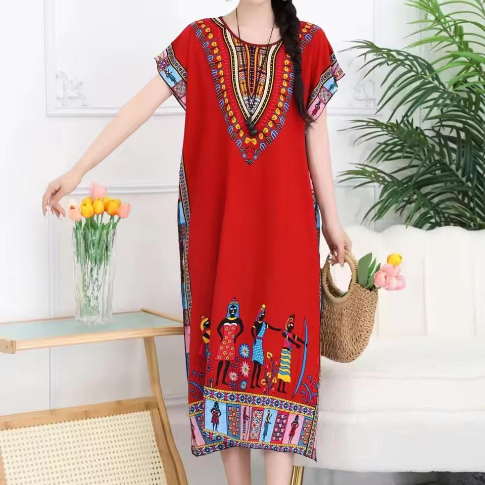 Casual Elegant Bohemian Printed Ethnic Style Retro Floral Woman Summer Street Wear Batwing Sleeve Loose Tunic Maternity Dress