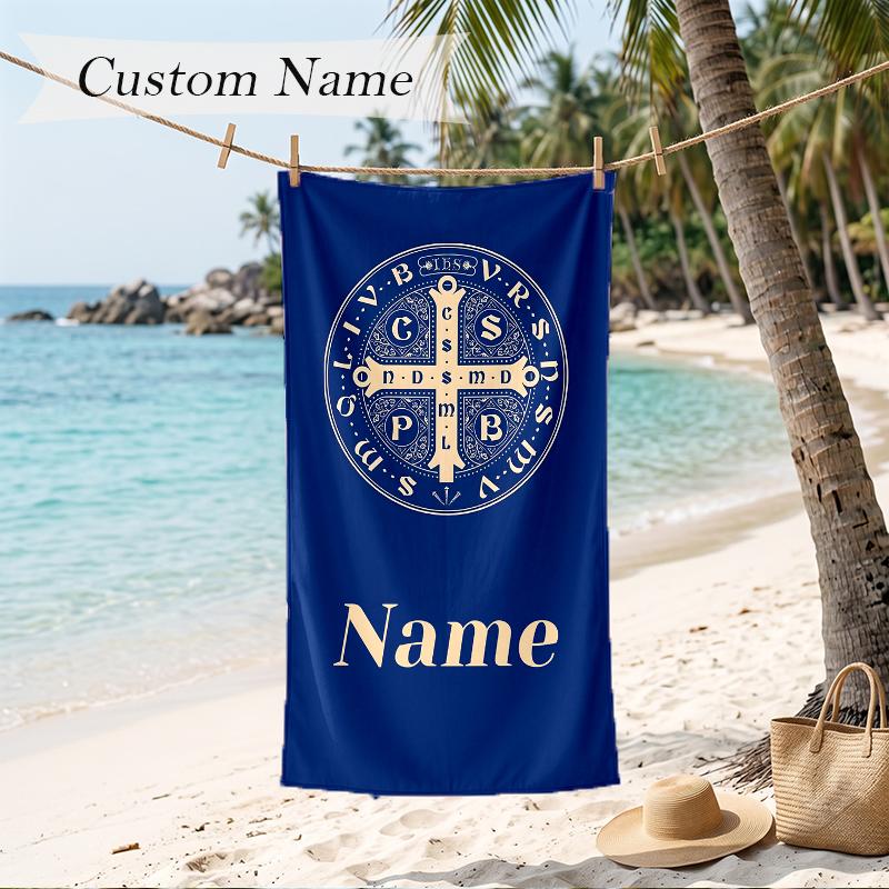 Medal of Saint Benedict Custom Name Printed Beach Towel Personalized Soft Towel For Swimming Beach Travel