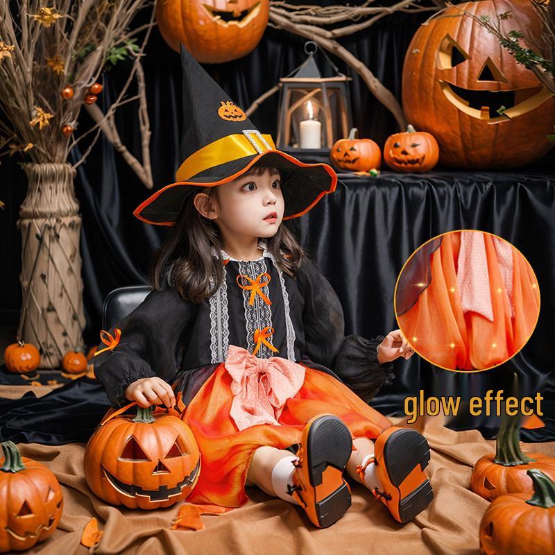 Girls Pumpkin Princess Halloween Costume Dress - Children s Witch Cosplay Party Outfit XL (130-140cm)