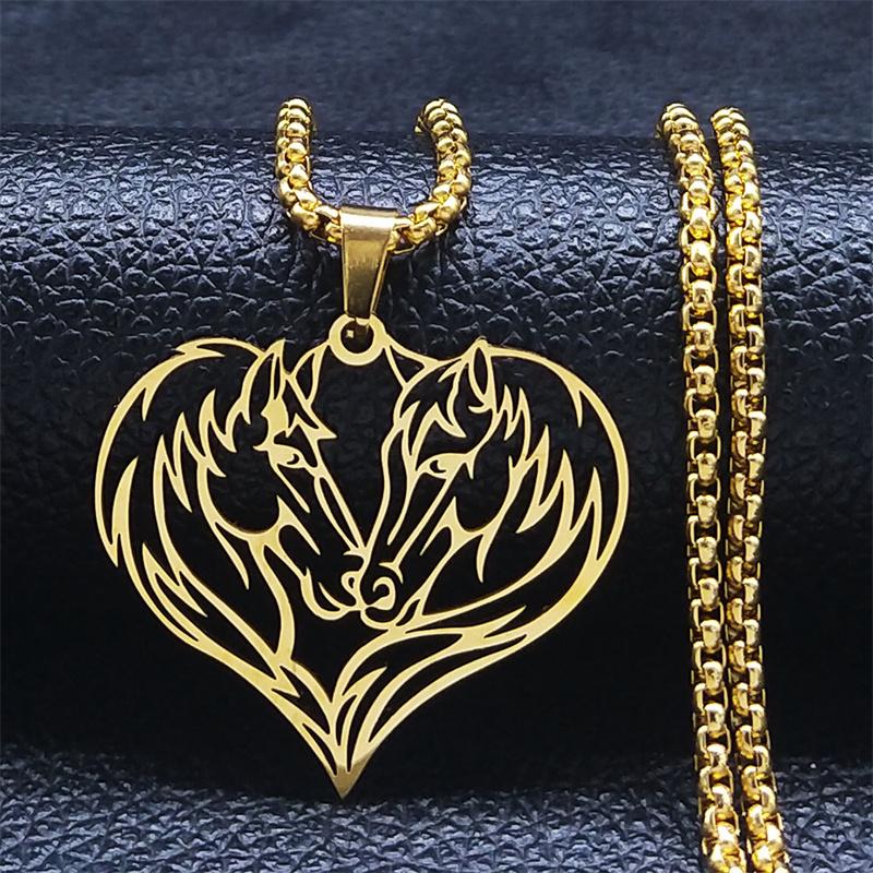 Aesthetic Love Heart Couple Horse Pendant Necklaces Stainless Steel Women/Men Horseback Rider Jewelry Valentine's Day NZZZ3324