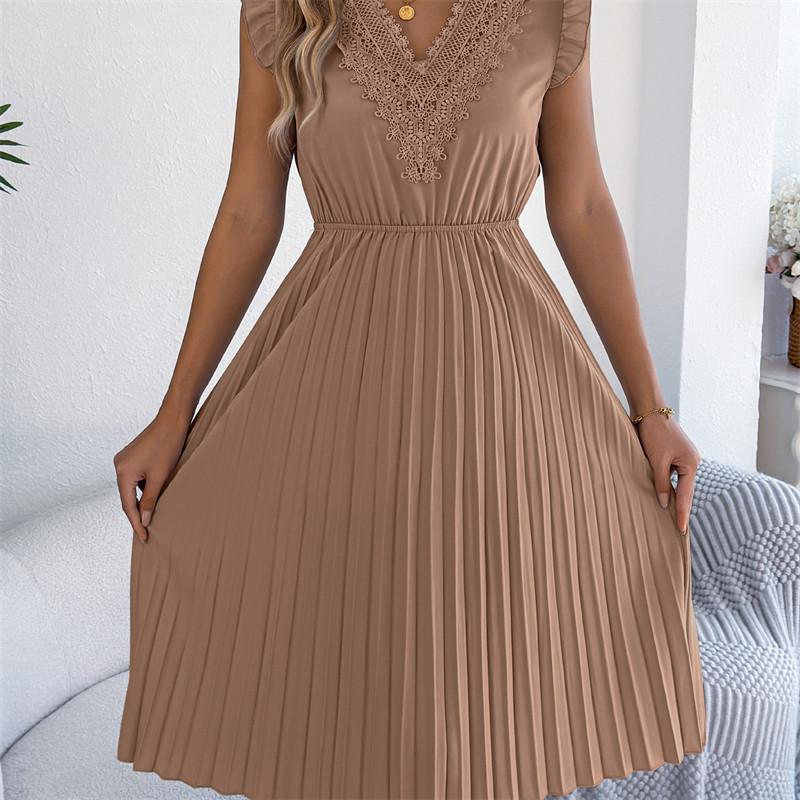 2026 Spring/Summer Women's Lace V-neck Black Ear Edge Waist Pleated Dress S-XL