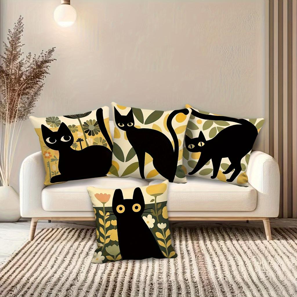 4pcs Vintage Chic Black Cat Polyester Pillow Covers - Whimsical Floral & Leaf Patterns, Machine Washable with Zipper, Perfect, Living Room, Bedroom, O