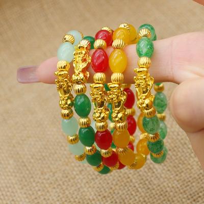 Ladies' Oval Agate Bracelet, Imitation Jadeite Jade Bracelet, Pixiu Gold Bead Wealth Jewelry