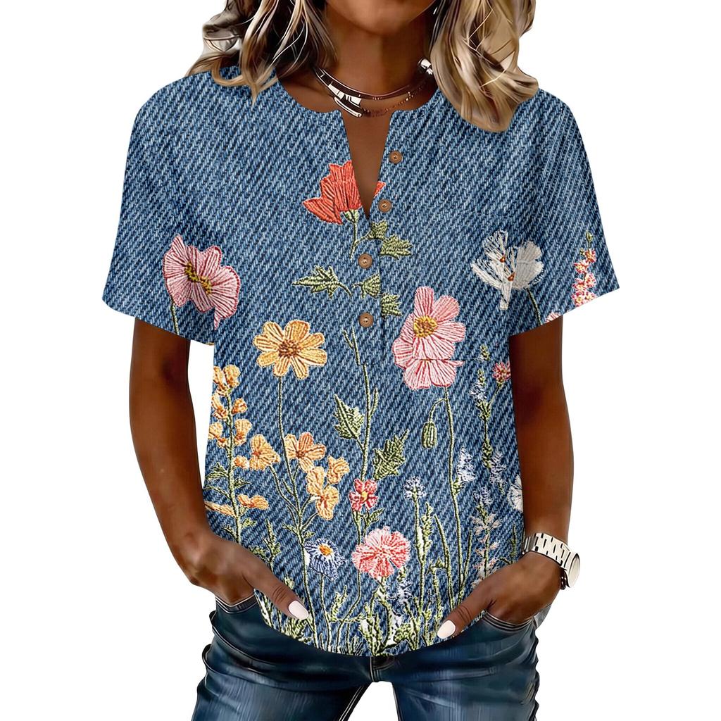 Women's Vintage Floral Print Short Sleeve Shirt Button Front Henley Neck Cotton Linen Blend Casual Top