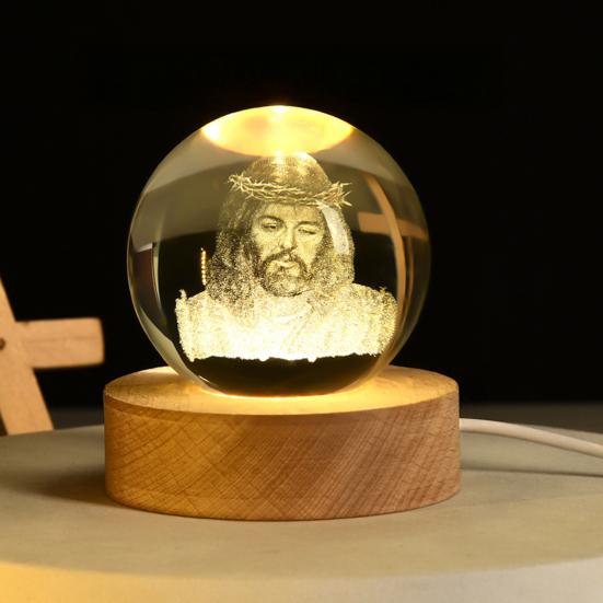 3D Hands Prayer Faux Crystal Ball with Wooden Base Clear Engraved Prayer Hand Ball Night Light Religious Christian Gifts for Women Men