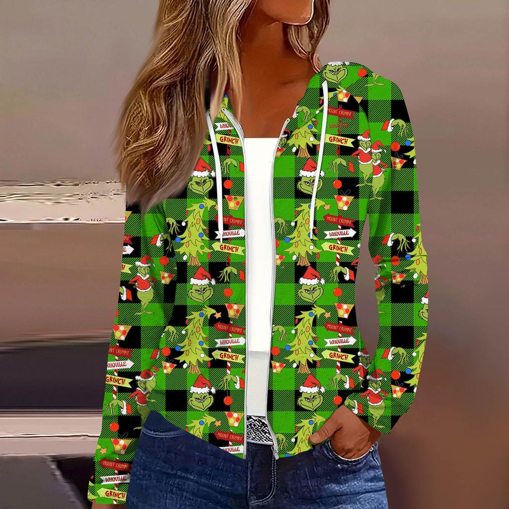 Women's Fashion Christmas Print Casual Zip-Up Long-Sleeved Hooded Jacket