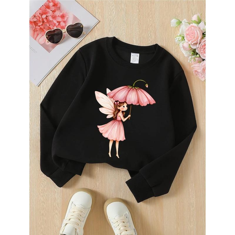 Felpa girocollo da bambina - Fata con ombrello a fiore Rosa Lavabile in lavatrice, Primavera e Autunno, Abbigliamento sportivo e casual