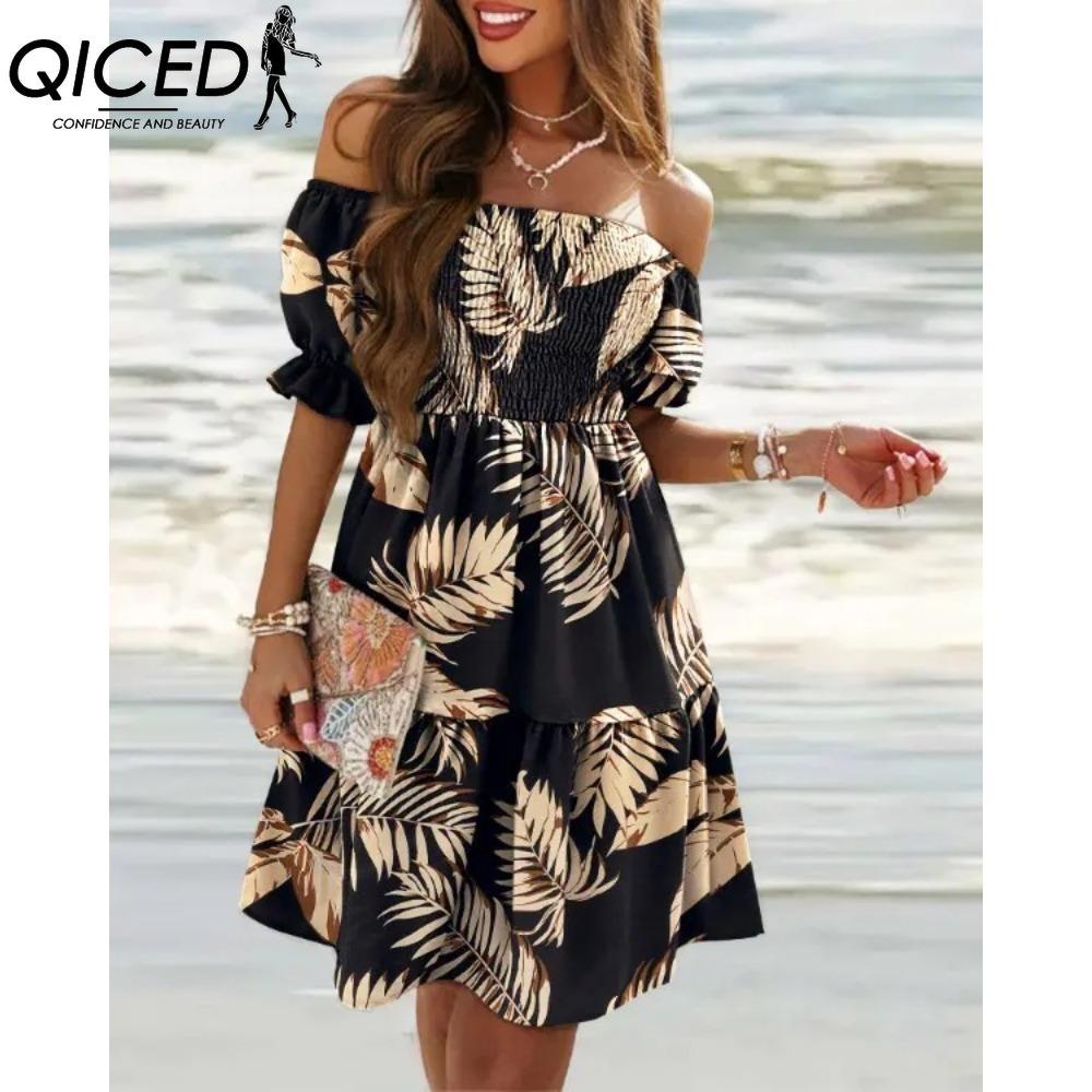 

QICED Женское летнее модное мини-платье на одно плечо с короткими рукавами, градиентным принтом и оборками XXXL