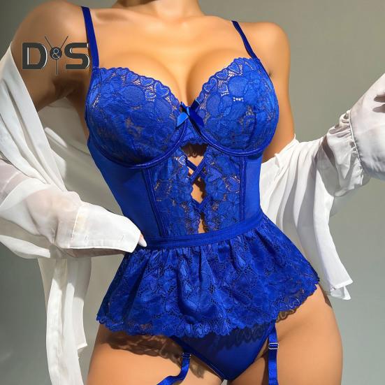 Women Sexy Deep V Sling Bodysuit See through Heart Lace High Elasticity Romper Solid Color Shaping One piece Underwear with Underwire