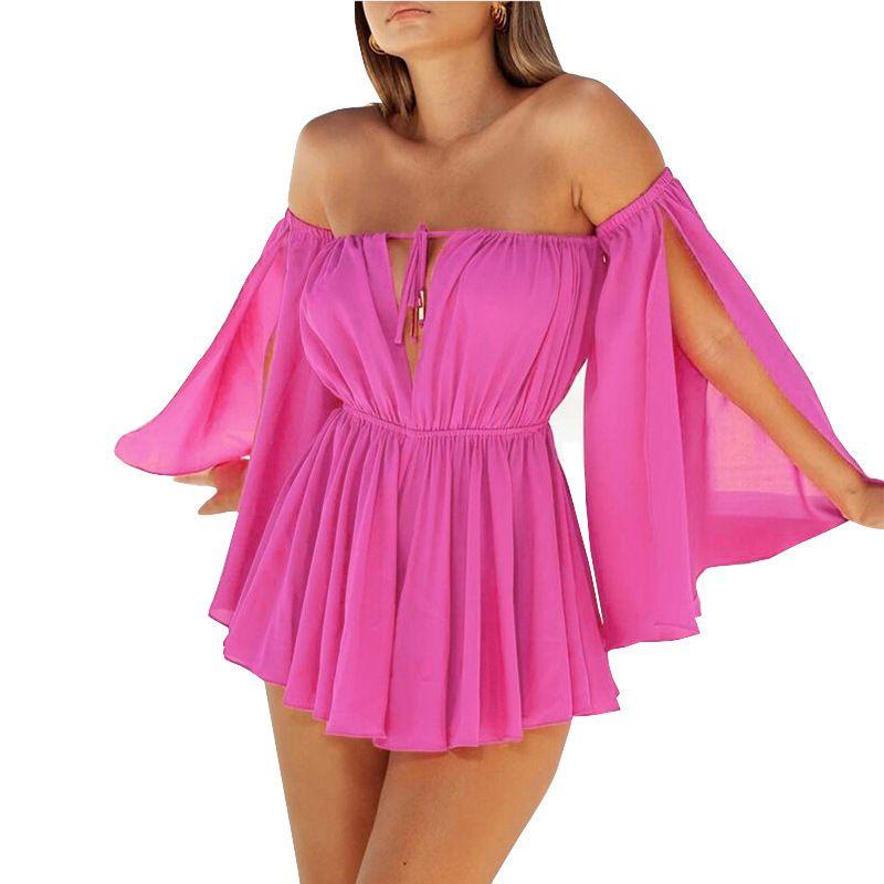 

Elegant Chiffon Summer Open Sleeves Word Shoulder Straps Tube Top High Waist Dress XL рожевий