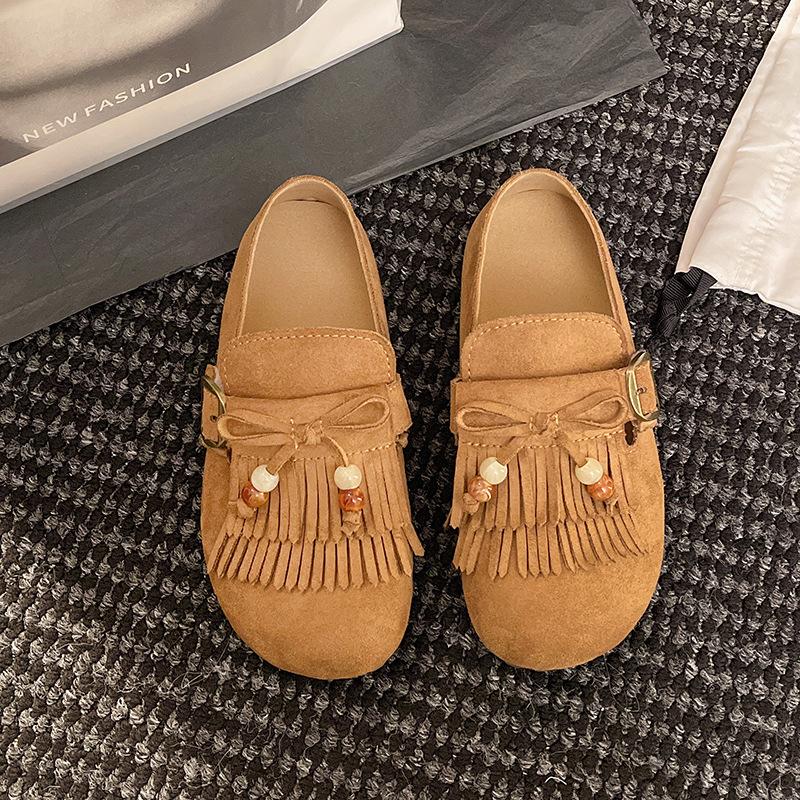 

Все включено мягкая кожа обувь Birken женская с бисером бахромой одинарная обувь 2025 осень новая круглая голова низкий верх плоская обувь обувь Birken 40 верблюд