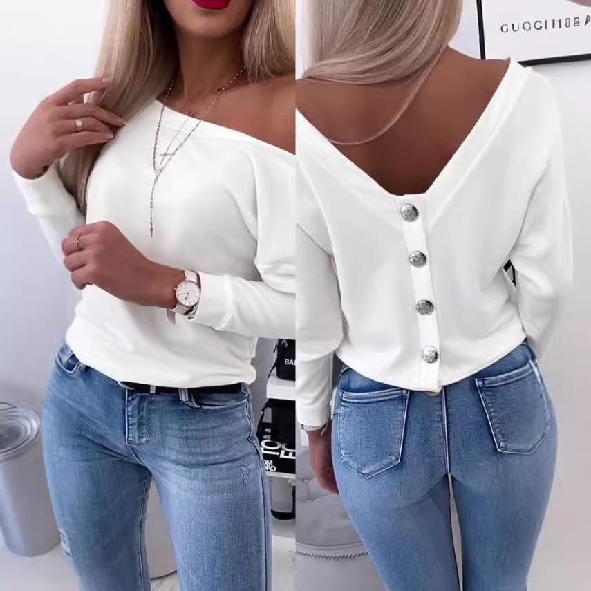 Tricou Tricotat cu Gât în V, Umeri Descoperiți și Detaliu Buton la Spate