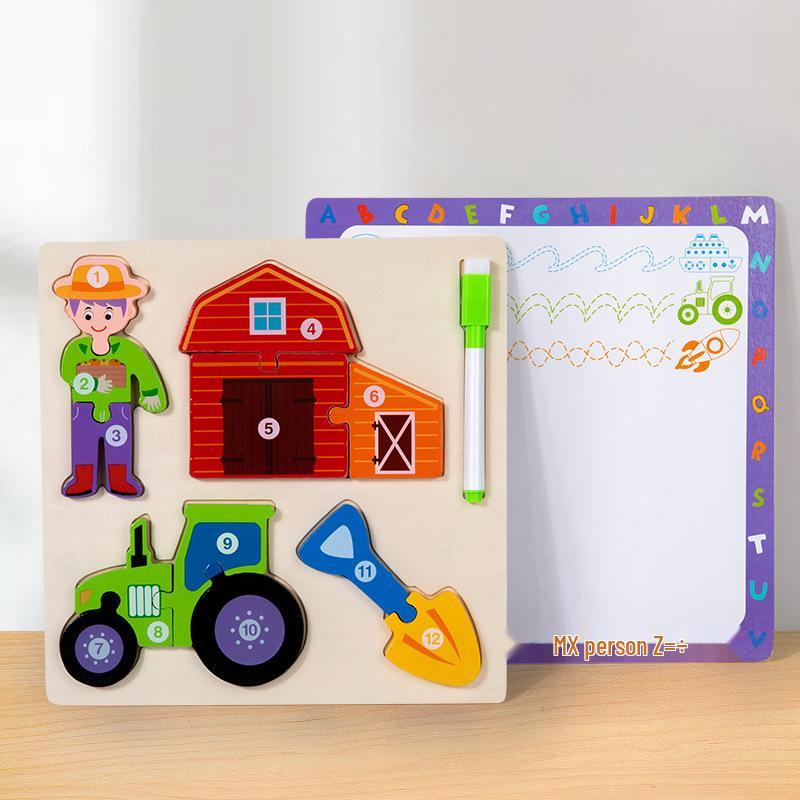Children's 3D Wooden Jigsaw Puzzle & Drawing Board - Educational Vehicle & Figures Cognitive Toy.