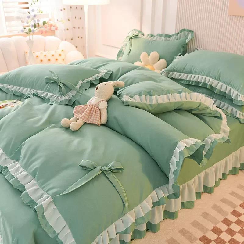 Girls Bedding Sets Kawaii Seersucker Bed Sheet Pillowcase Fashion Princess Duvet Cover Solid Color 4 Pieces Cute Home Decoration