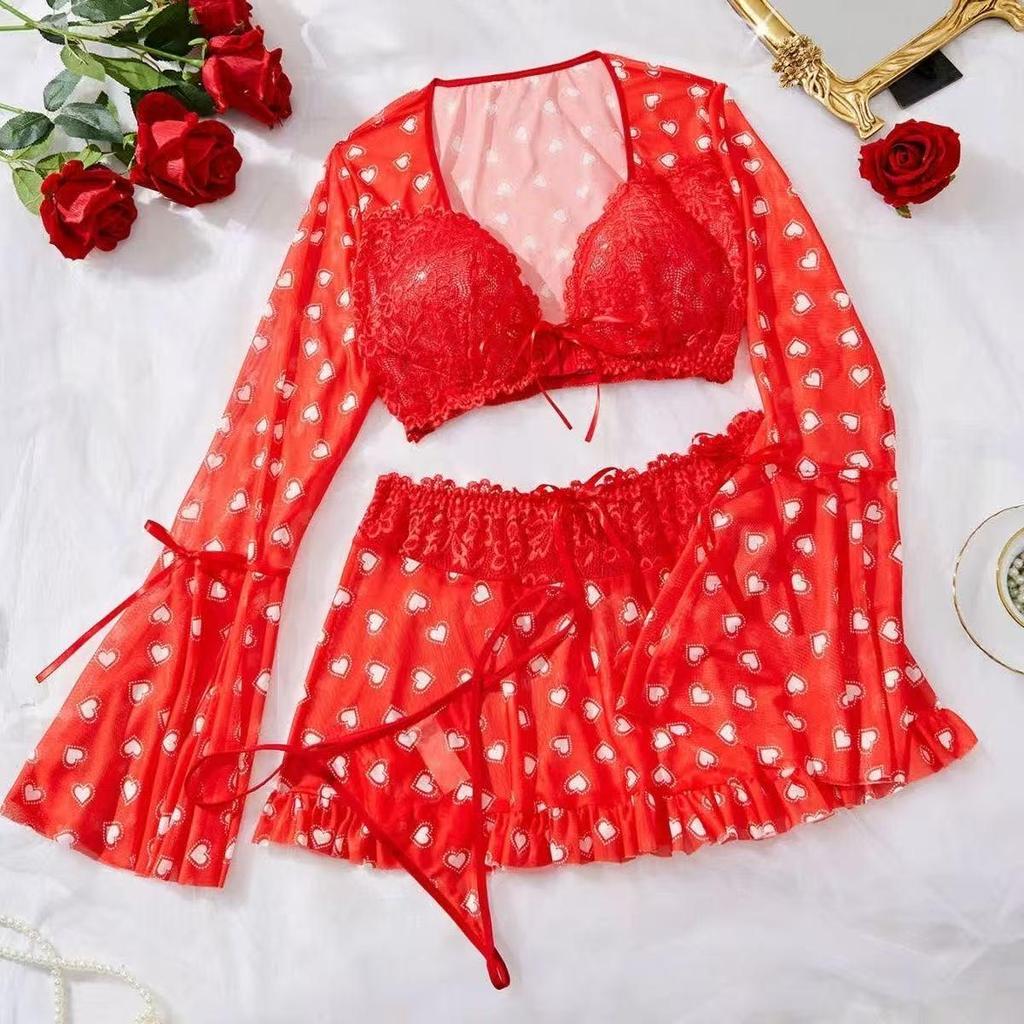 Love Heart Lace Lingerie Set: Transparent Bra, Short Skirt & Thong with Thin Straps - Sexy & Fun 3-Piece Pajamas.