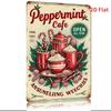 Peppermint Cafe Metal Sign    Retro Wall Art with Red Teacups  Candy Canes Humorous Open All Year Design for Home