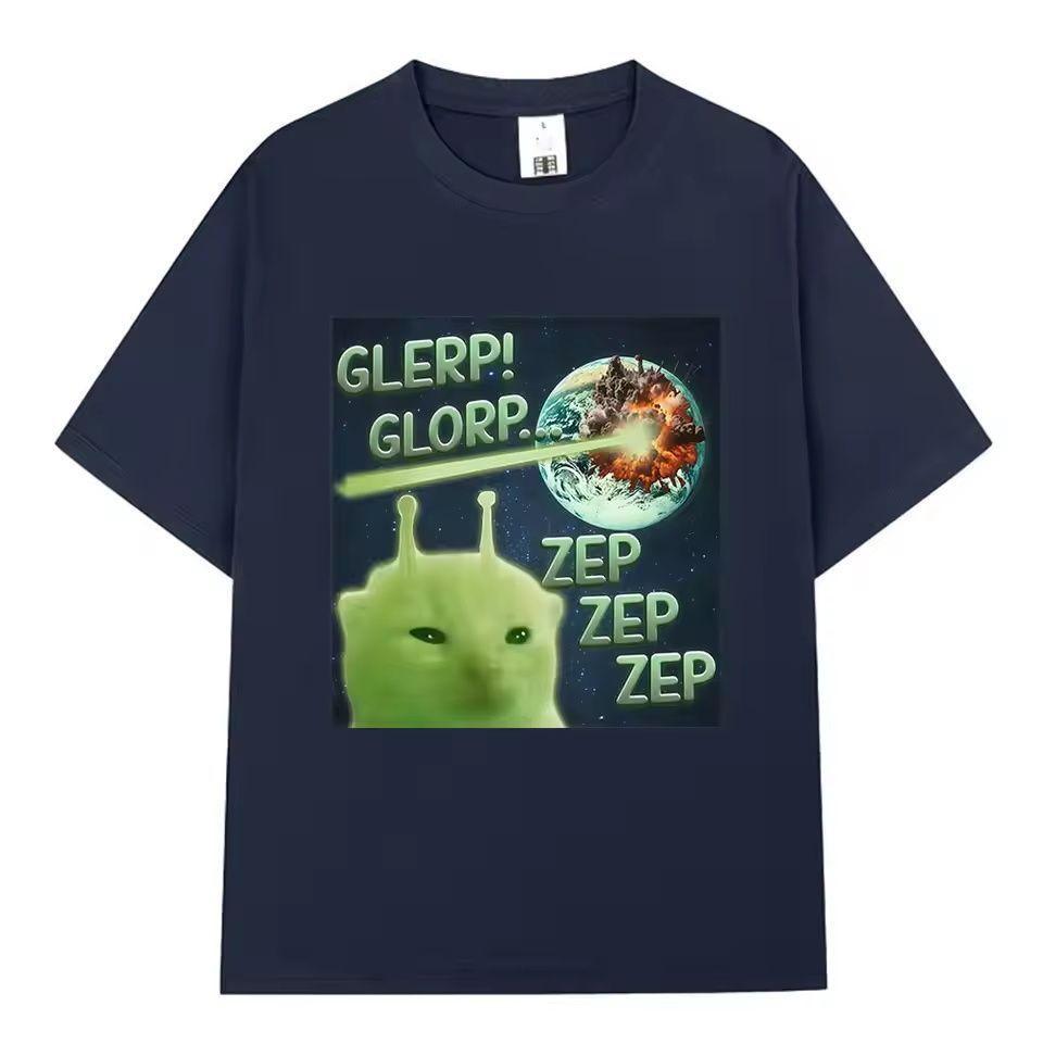Glerp Glorp Funny Alien Cat Attack on Earth Meme T-shirt, Funny and Abstract Short-sleeved Shirt for Boys and Girls