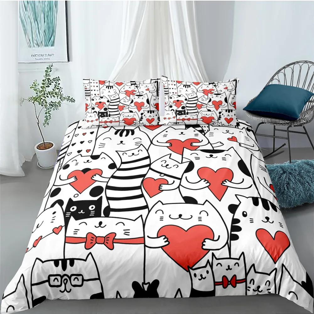 Carton Cat Soft Duvet Cover Set for Children Kids Girl Microfiber Kiten 2/3pcs Carton Animal Beding Set Single Twin Quen King Comfortable Quilt Cover