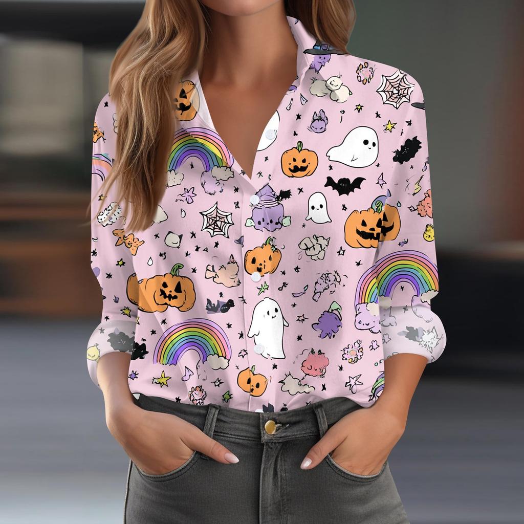 Damen Halloween Bedrucktes Lässiges Halbgeöffneter Kragen Langarmhemd
