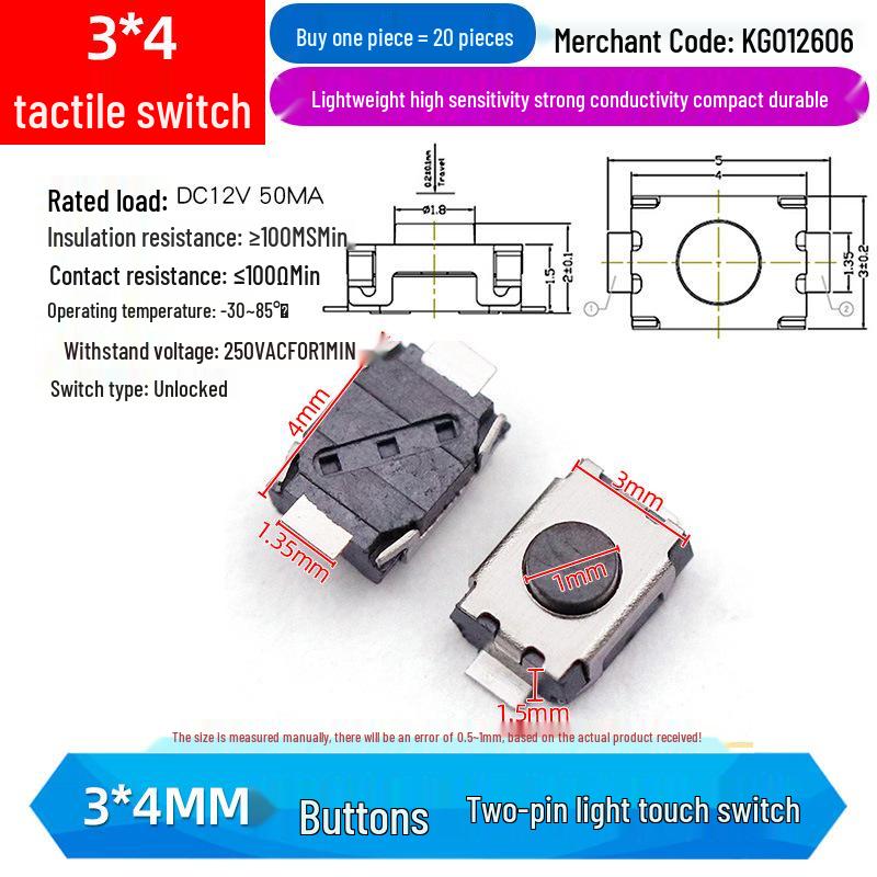 Compact Touch Micro Switch, SMD DIP 4-Pin, 6*6*5mm Miniature.